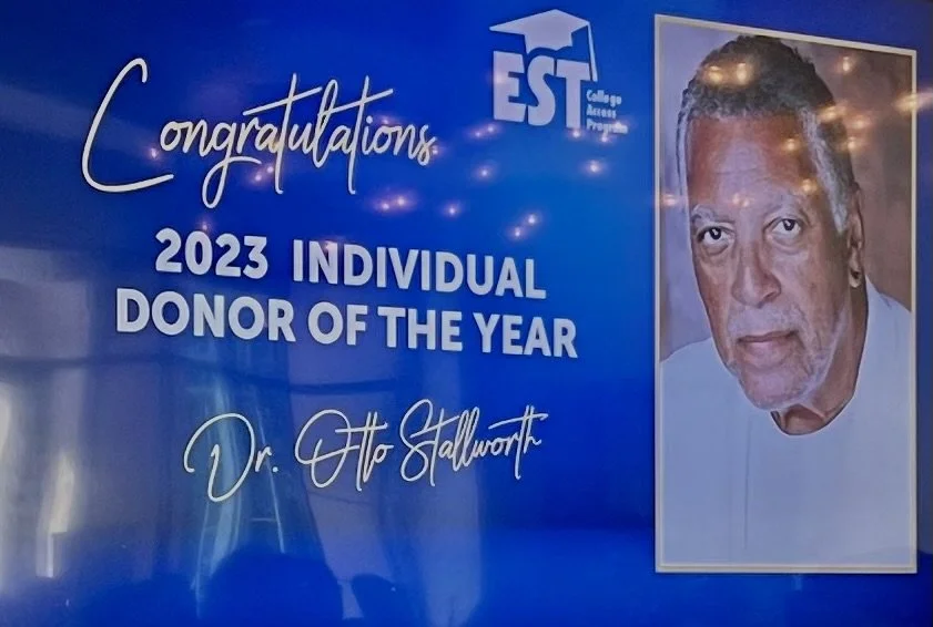 An award that says "Congratulations 2023 individual donor of the year Dr. Otto Stallworth" with a photo of Stallworth