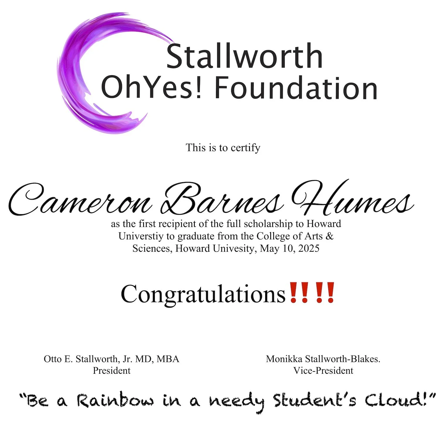 The 2025 Stallworth OhYes! Foundation Scholarship recipient certification for Cameron Barnes Humes