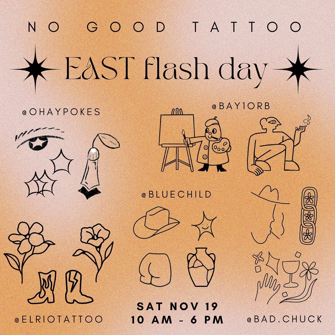 TOMORROW! We are back at it with our last flash day for a bit. Stop by while you&rsquo;re making your EAST studio tour rounds:) Flash only, cash only, walk ins encouraged! See y&rsquo;all there!!