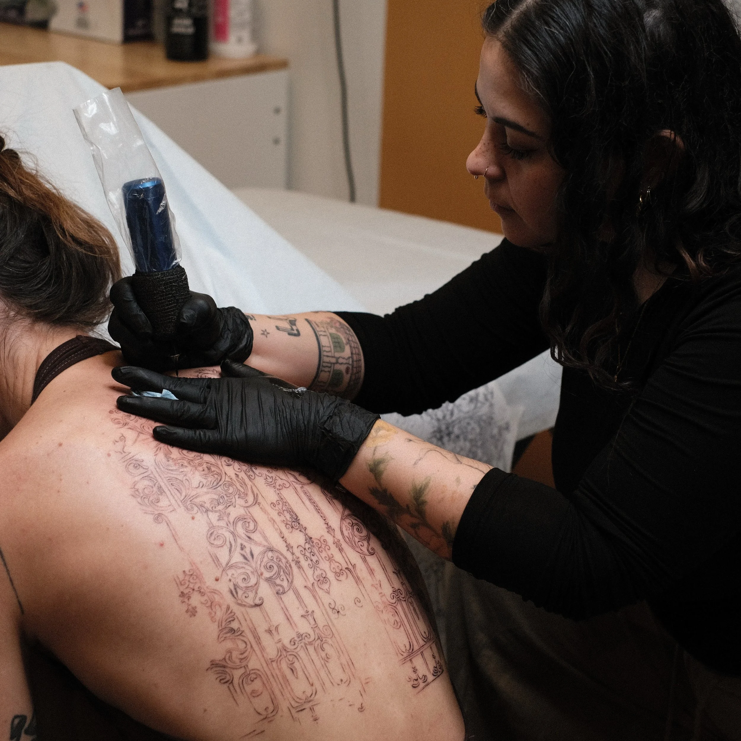 A stunning work in progress by our resident tattooer @studiomontes 
We cannot wait to see how this one comes out ~
Be sure to sign up for Chris&rsquo;s newsletter to hear when her books are open 🤍