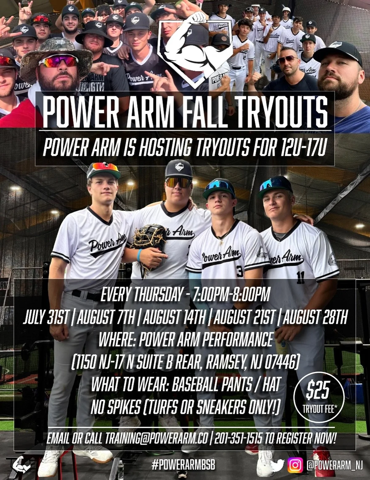 🚨 POWER ARM FALL TRYOUTS 🚨

We&rsquo;re hosting 12U&ndash;17U tryouts every Thursday night starting July 31st!
Now&rsquo;s your chance to join the squad and train the Power Arm way 💪⚾️

📍 Location: Power Arm Performance (Ramsey, NJ)
🕖 Time: Thur