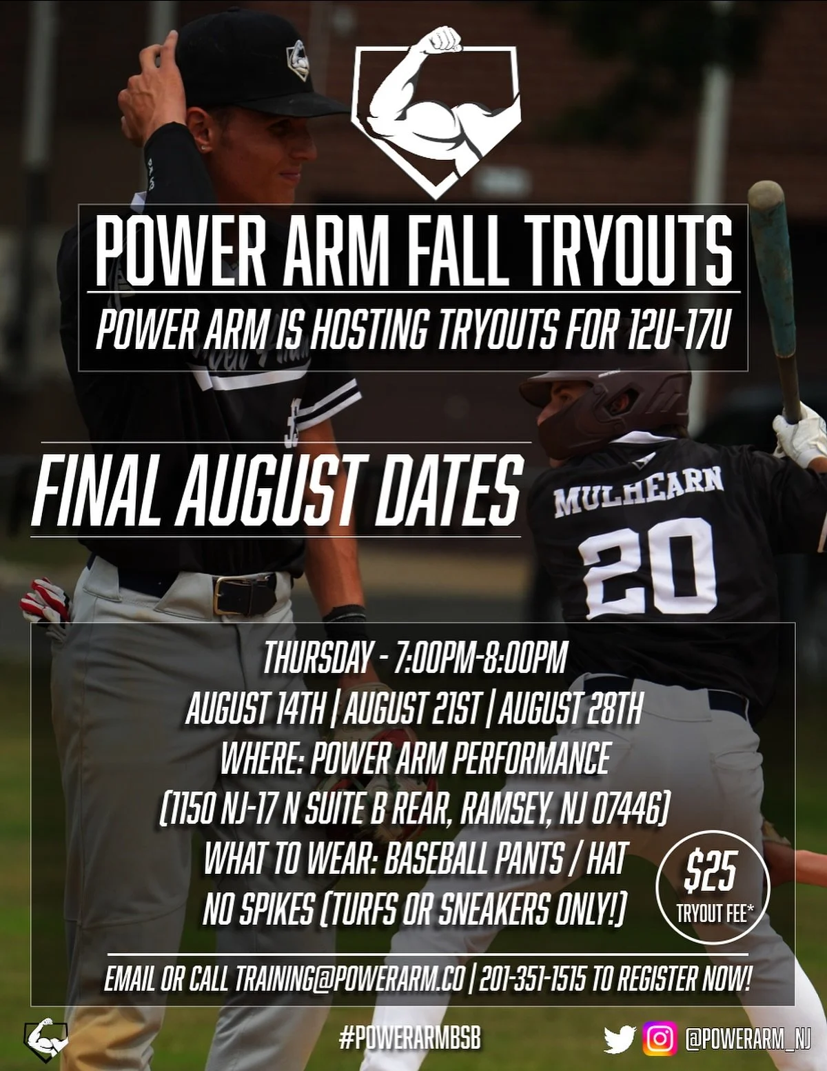 🚨 AUGUST FINAL POWER ARM FALL TRYOUT DATES 🚨

We&rsquo;re hosting 12U&ndash;17U tryouts every Thursday night!

Now&rsquo;s your chance to join the squad and train the Power Arm way 💪⚾️

📍 Location: Power Arm Performance (Ramsey, NJ)
🕖 Time: Thur