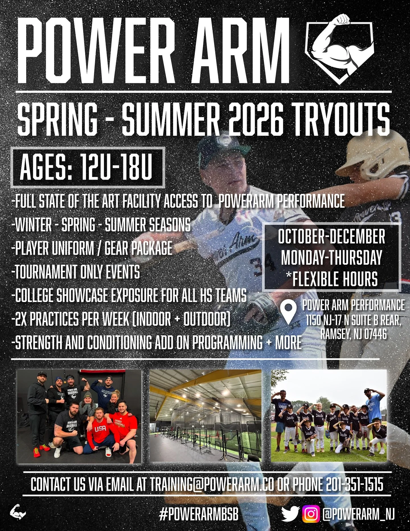 🚨 POWER ARM SPRING&ndash;SUMMER 2026 TRYOUTS 🚨💪⚾️

📍 Ages 12U&ndash;18U
✅ Year-round development (Winter, Spring, Summer)
✅ Tournament-only events
✅ College showcase exposure (HS teams)
✅ 2x weekly practices (indoor + outdoor)
✅ Strength &amp; co