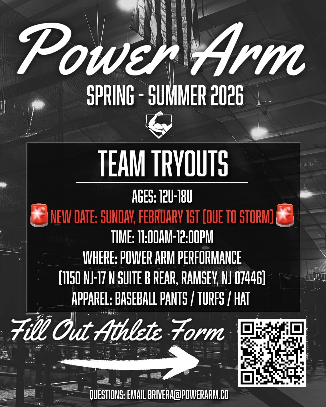 Power Arm 2026 Spring-Summer Team Tryouts has been RESCHEDULED to next week! 

Ages: 12u-18u 
Date: February 1st
Time: 11:00am-12:00pm 
Where: Power Arm Performance 
(1150 nj-17 n suite b rear, ramsey, nj 07446] 
Apparel: baseball pants / turfs / hat