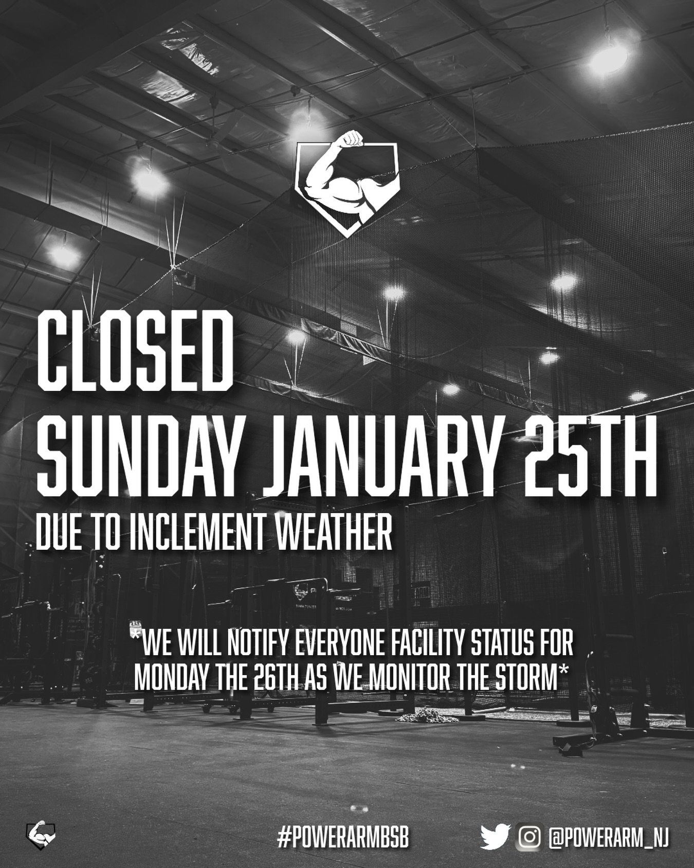 We will be closed tomorrow - Sunday, January 25th due to the winter storm. We will notify everyone facility status for Monday the 26th! 

Please be safe!

-Power Arm Staff

#powerarmbsb💪🏼