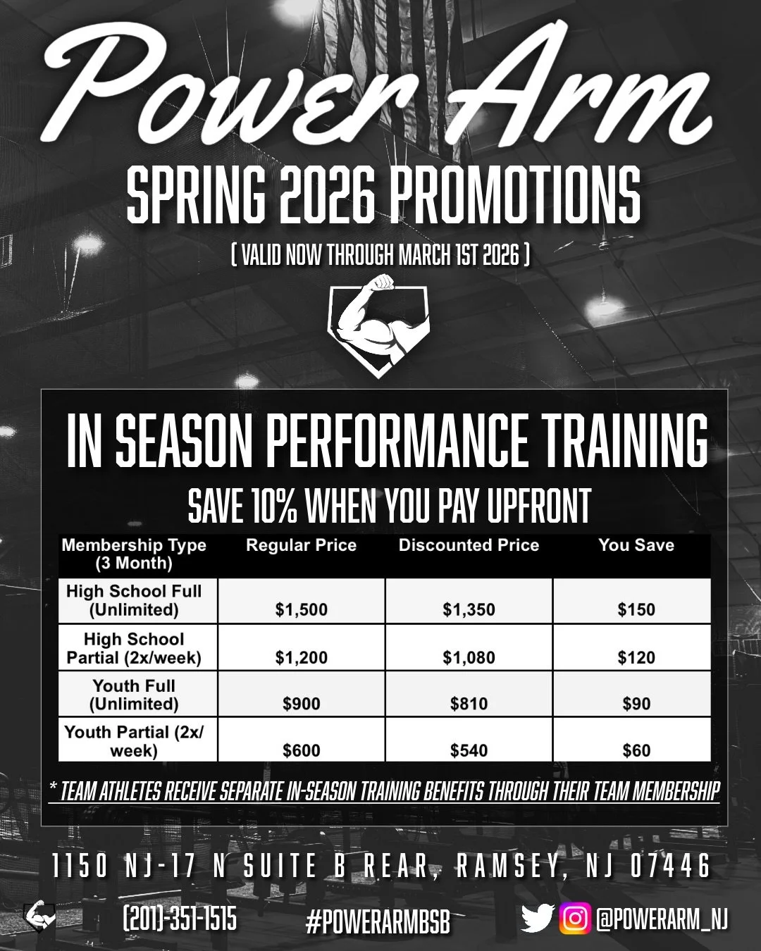 Spring ball is around the corner.

Serious players don&rsquo;t wait until the season starts to get ready.

💪 In-Season Performance Training
Lock in and save 10% when you pay upfront.

🎯 New Athlete Offers
High School athletes receive a FREE compreh