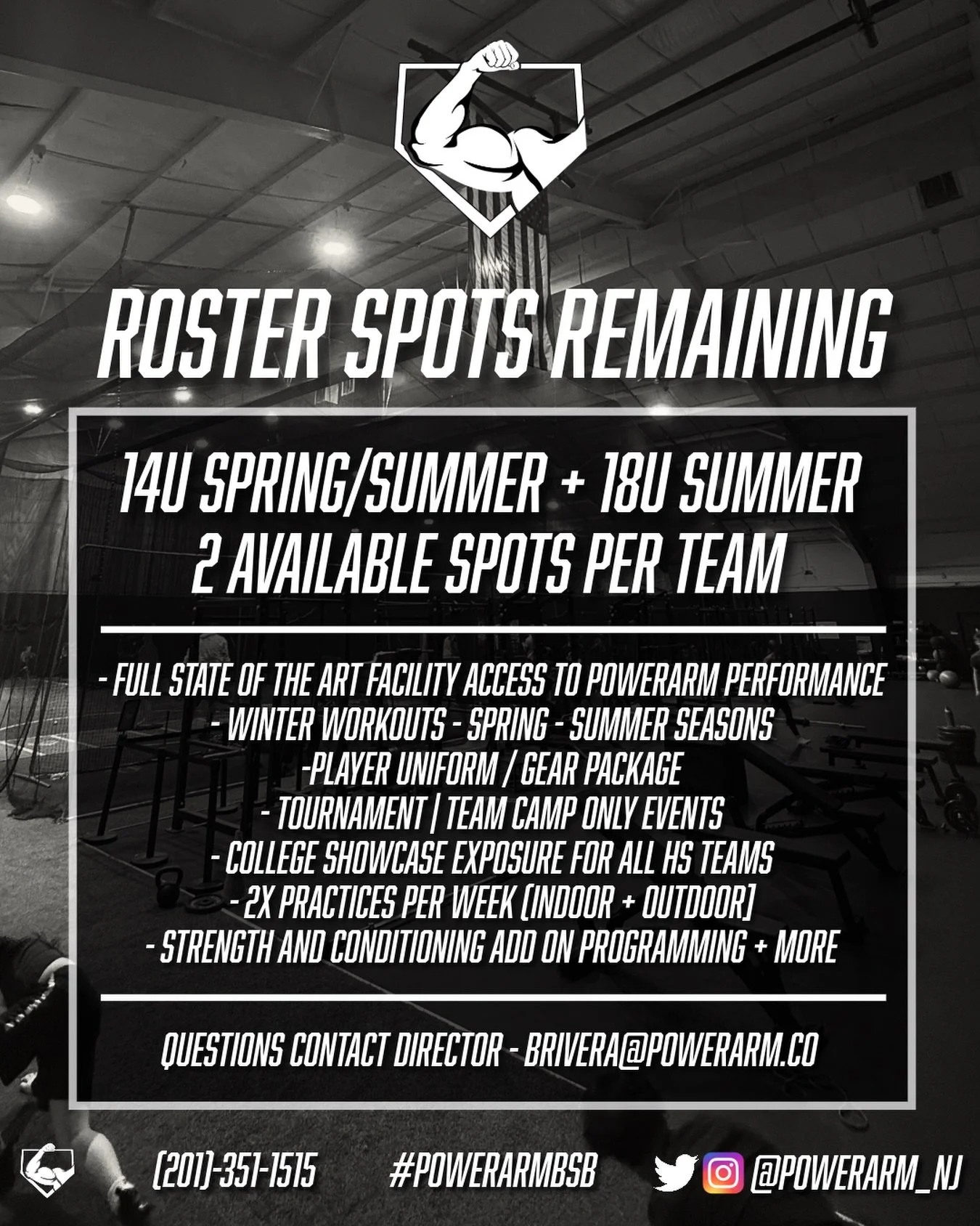 Final roster spots remaining for our select teams. 

Complete the form here for a private evaluation: https://docs.google.com/forms/d/e/1FAIpQLSdFl5VWtWte2qcnh-uqEw_sTrKTrxrmEPkAcv611rV1WXHknA/viewform

Questions? Email: brivera@powerarm.co

Website: