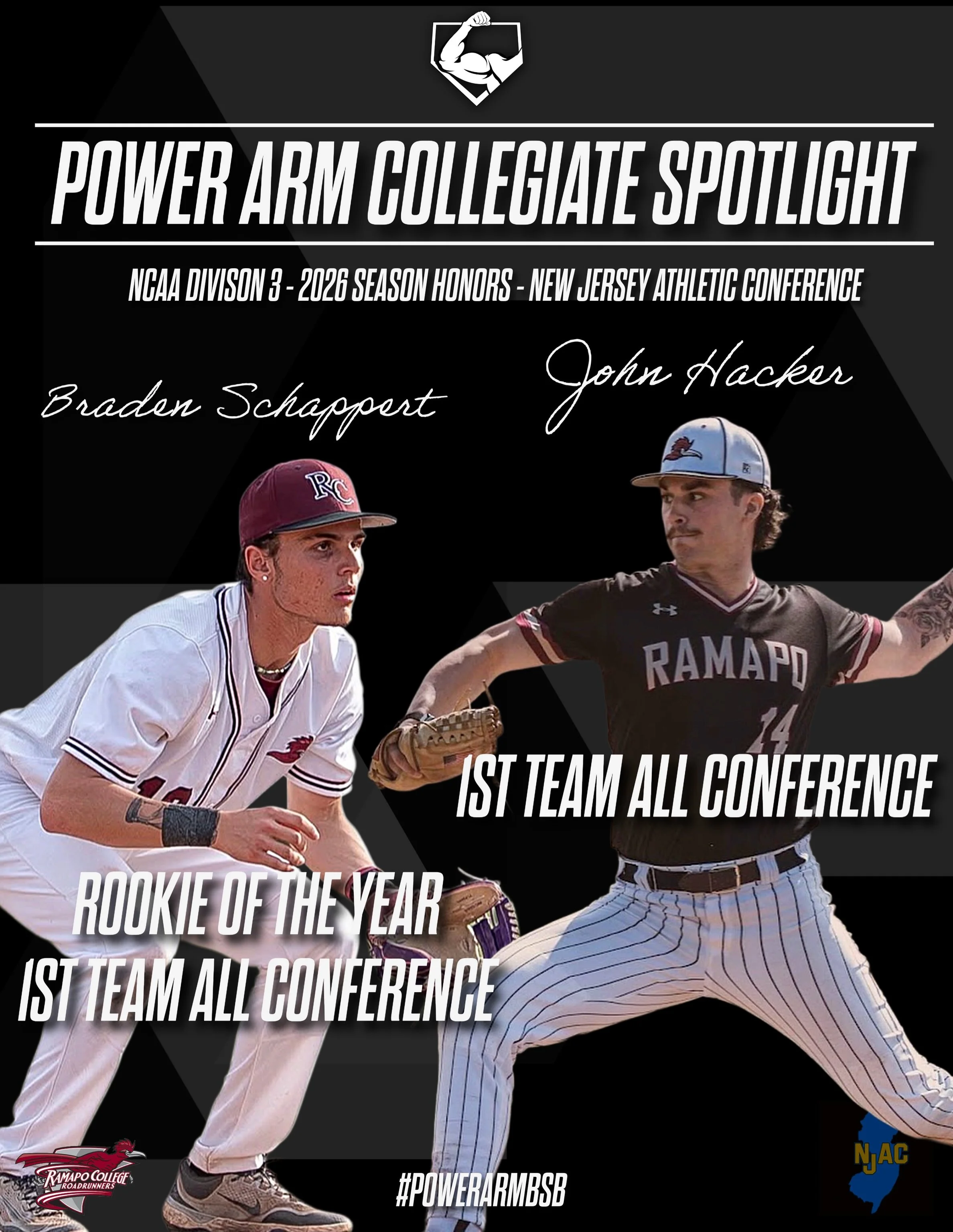 Big time recognition for our Power Arm athletes out of the New Jersey Athletic Conference for the Roadrunners.

Ramapo continues to show why they&rsquo;re one of the toughest programs in the conference. Congrats to Schap and Hack! 

#powerarmbsb💪🏼 