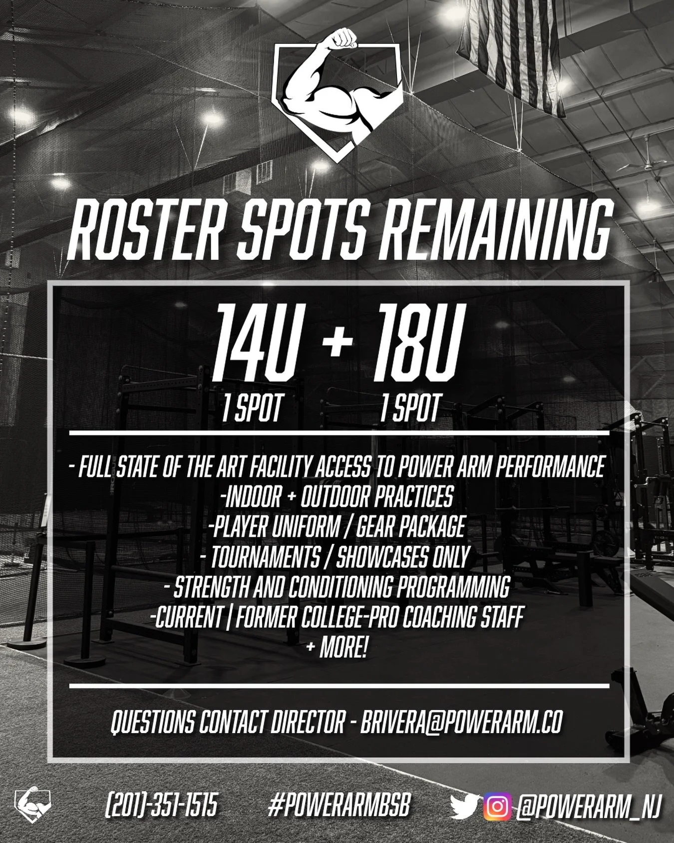 Final roster spots remaining for our select teams for summer!

Complete the form here for a private evaluation: https://docs.google.com/forms/d/e/1FAIpQLSdFl5VWtWte2qcnh-uqEw_sTrKTrxrmEPkAcv611rV1WXHknA/viewform

Questions? Email: brivera@powerarm.co