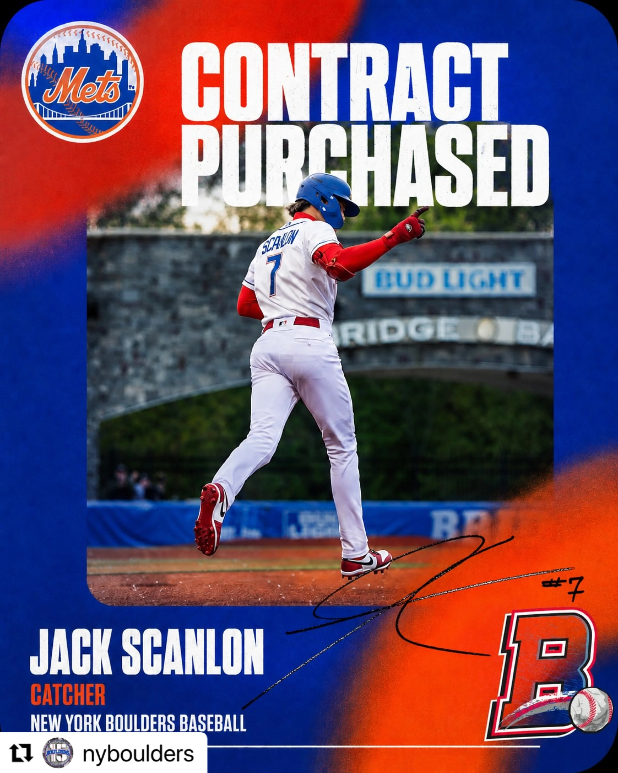 #Repost @nyboulders 
・・・
Congratulations to our very own @jackscanlon_2 on having his contract purchased by the New York Mets! We wish you the best of luck in this next chapter. You will be missed, Jack! 💙🧡⚾️

#BaseballThatRocks