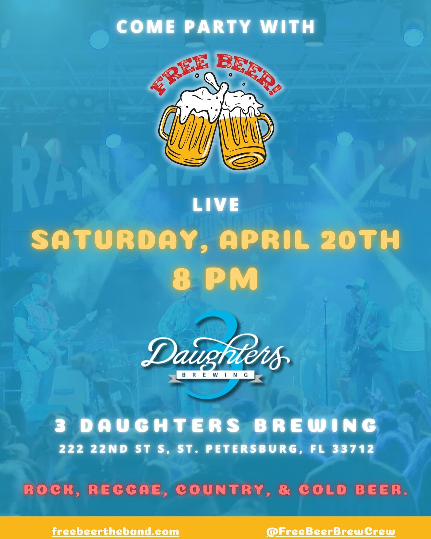 It&rsquo;s finally April, and you&rsquo;d be a FOOL to miss an evening like this!

🍺Craft Beer
🍔Great Bites
🎵Live Music

Join us on 4/20 at 3 Daughters Brewing, one of Florida&rsquo;s largest independent family-owned breweries. Show starts at 8pm,