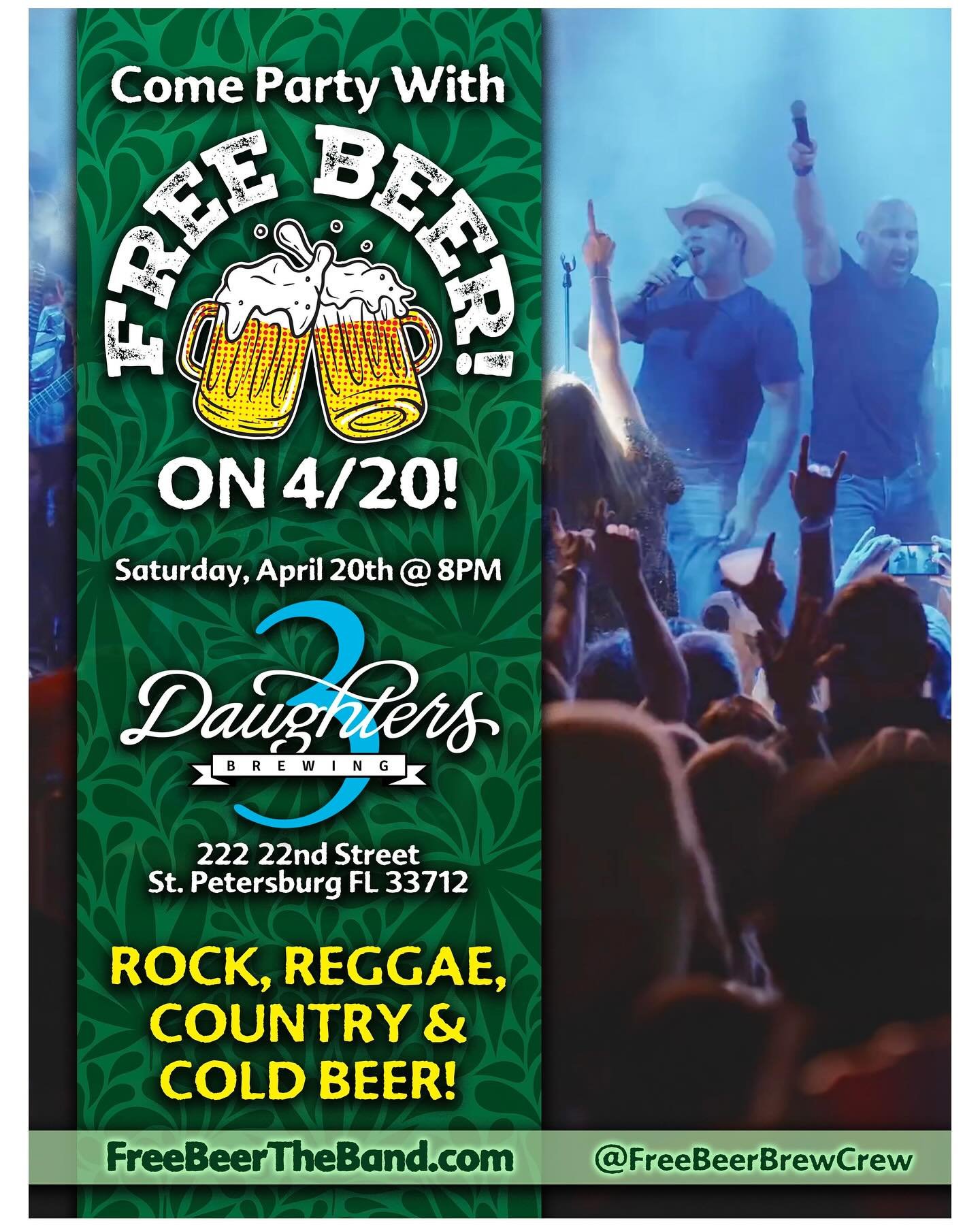 I don&rsquo;t know about you, but we&rsquo;re ready to party!🍻

Great tunes, cold beers, and good company are what we&rsquo;re all about. Come see us live on 4/20 at @3daughtersbrewing show starts at 8pm.

Tell your friends and family, let&rsquo;s m