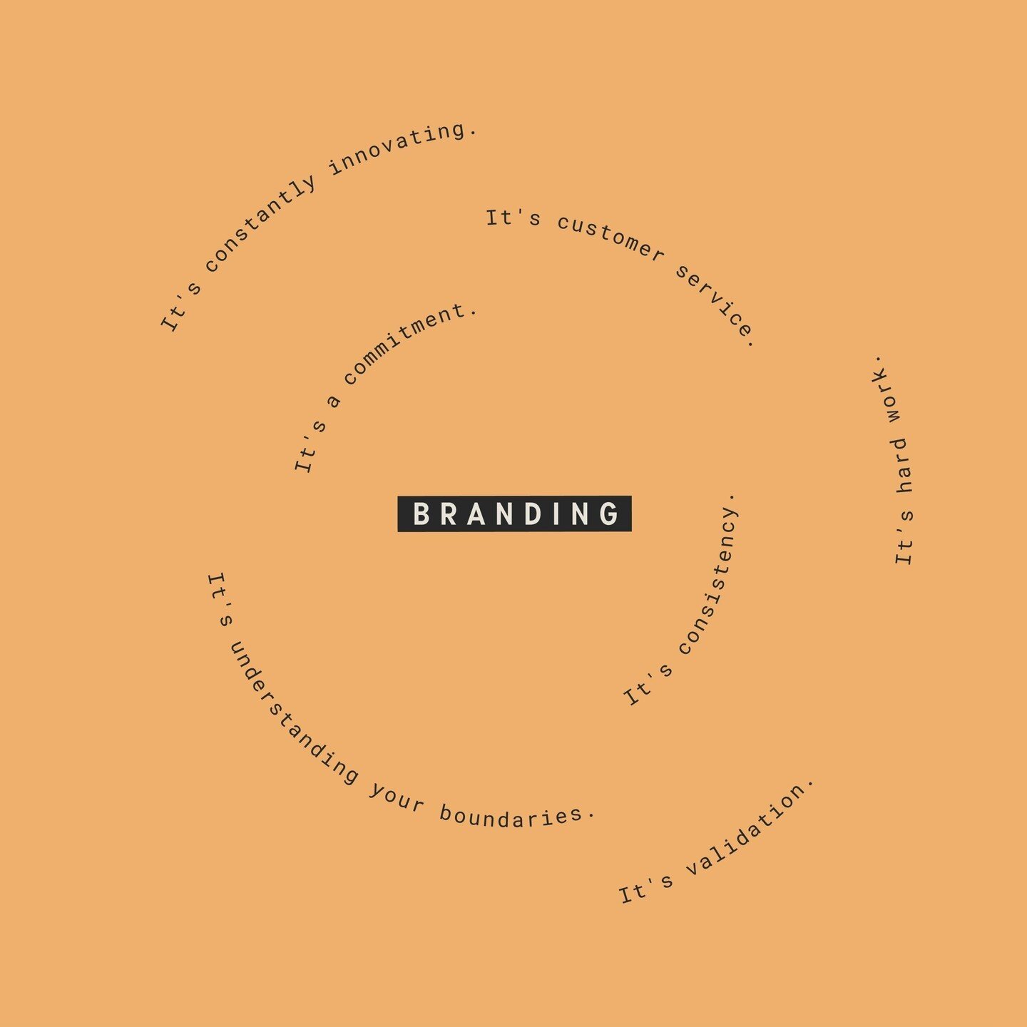 Branding isn't a project. It's not one + done. ⁠
⁠
It's a commitment. ⁠
It's consistency.⁠
It's understanding your boundaries.⁠
It's customer service.⁠
It's validation.⁠
It's constantly innovating. ⁠
⁠
If you are ready to have a brand like nobody's b