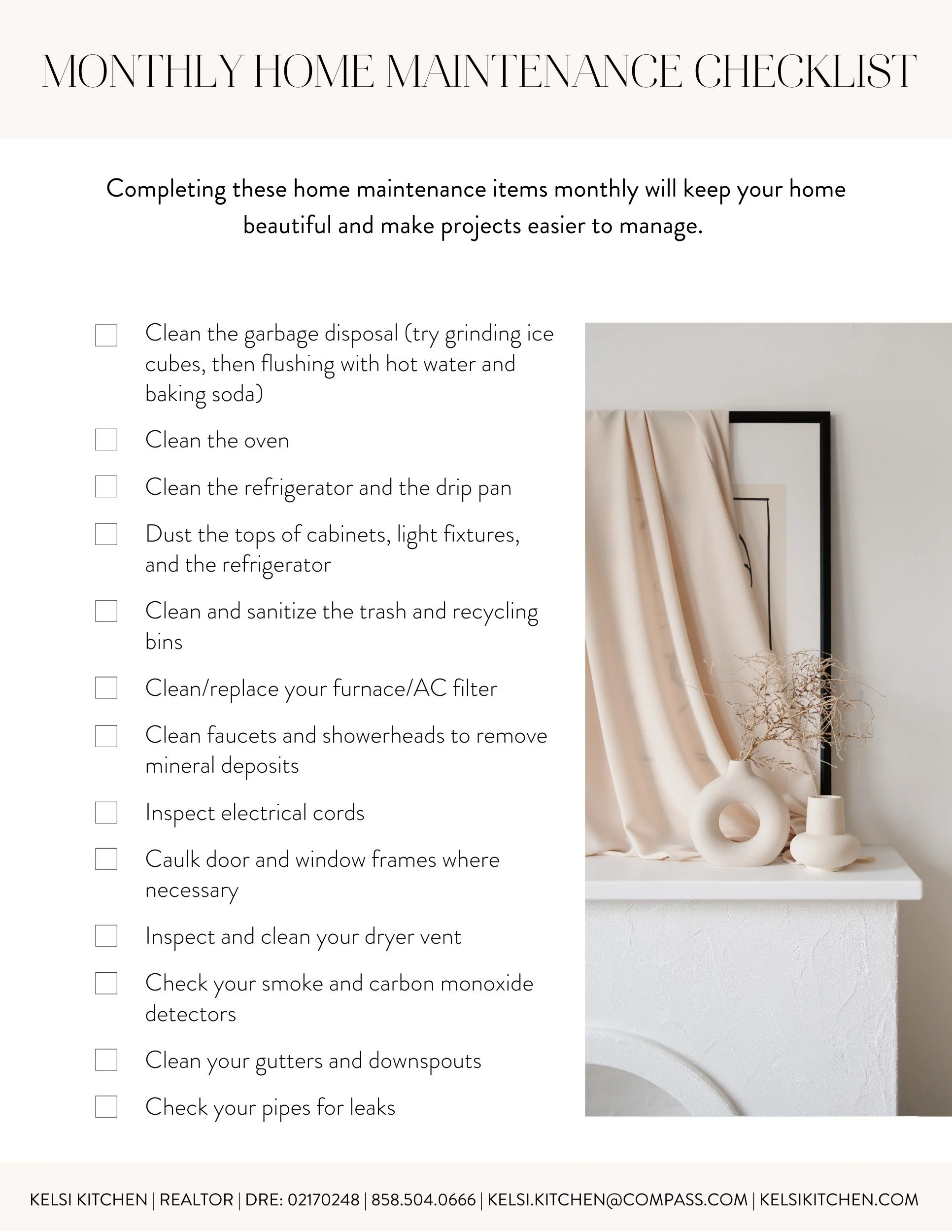 Home Maintenance Monthly Checklist Kelsi Kitchen San Diego Realtor