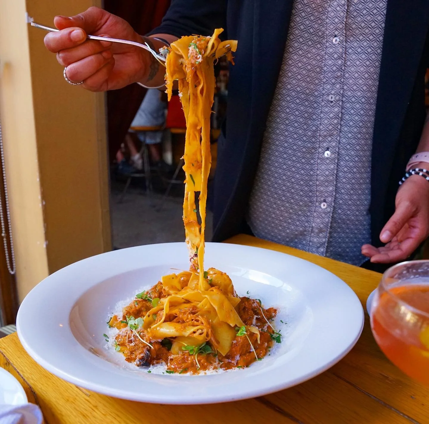 🍽: @acleverbastard&rsquo;s fresh housemade Pappardelle with Pork Ragu, San Marzano Tomatoes, Pecorino + basil.
