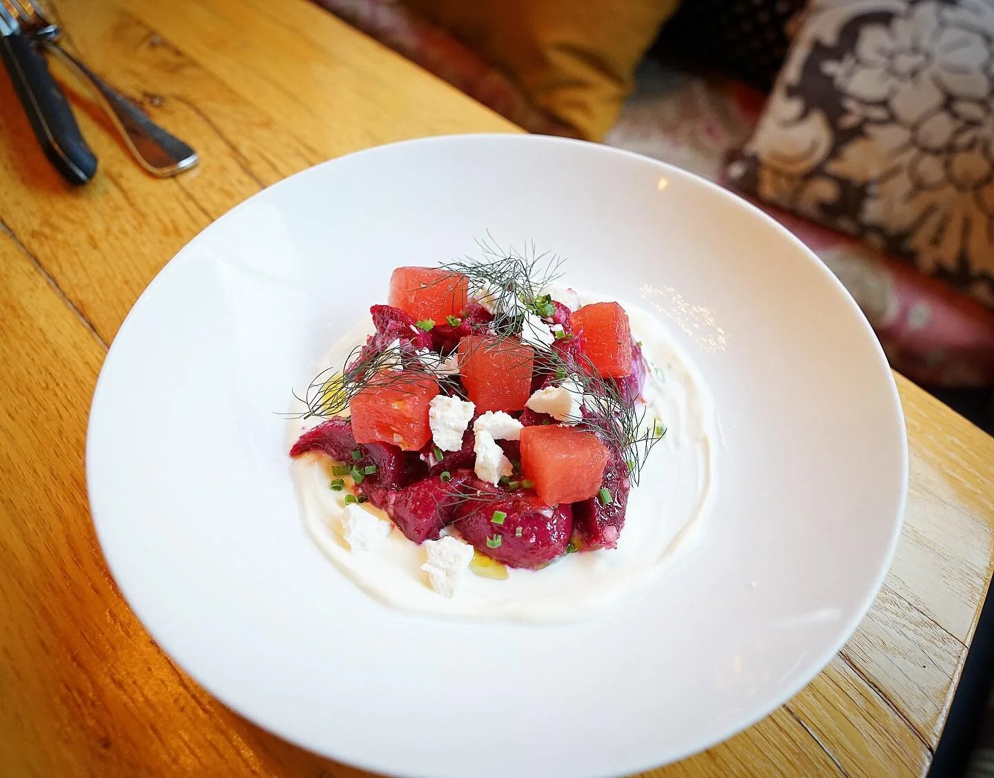 One of @acleverbastard&rsquo;s latest creations: a refreshing summery Beet &amp; Watermelon Salad with Charred Onion &amp; Spice Vinaigrette + Ricotta Salata. This is a part of our 3-course pre-fixe menu, or enjoy it with a glass of zippy white a la 