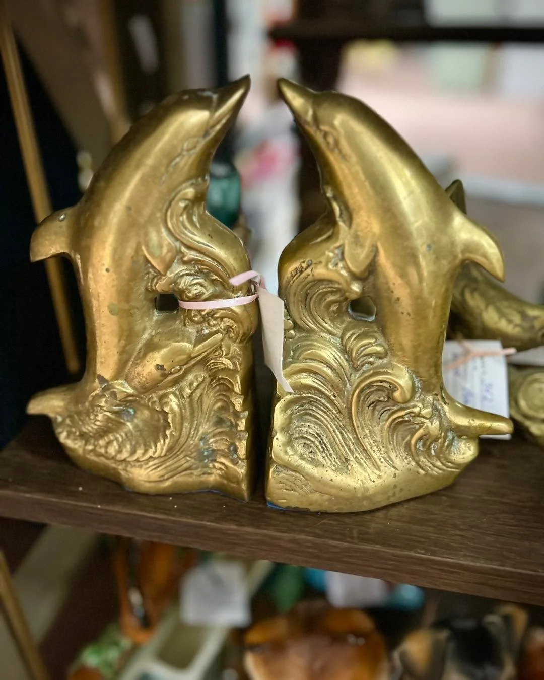 Can we interest you in a set of vintage brass dolphin bookends? 😍 We&rsquo;re here for you today from 10-5!