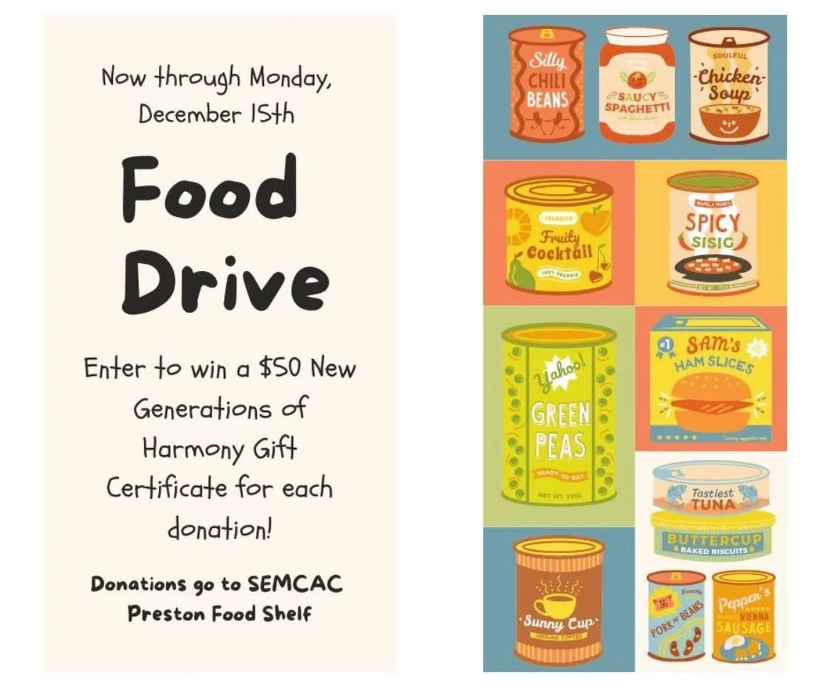 Our food drive ends Monday, December 15th! All donations will then go to Harmony Enterprises, Inc. for their Canstruction Contest, and then onto Semcac -Preston Food Bank! Each donation you make to us gives you an opportunity to win a $50 gift certif