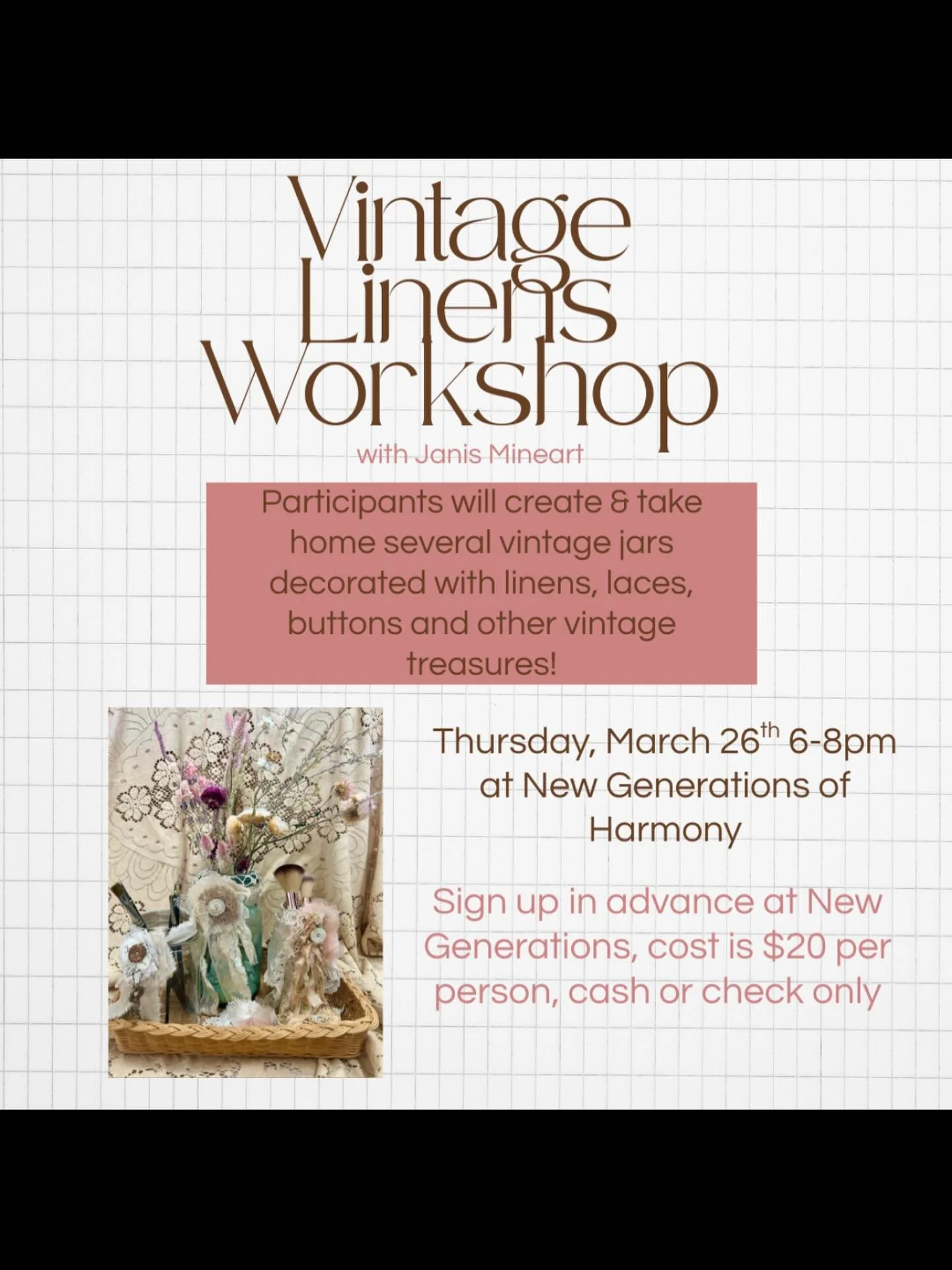 We still have a couple of spaces available for tonight&rsquo;s Vintage Linens Class! Grab your bestie and sign up today! It&rsquo;s going to be so much fun! 🙌
