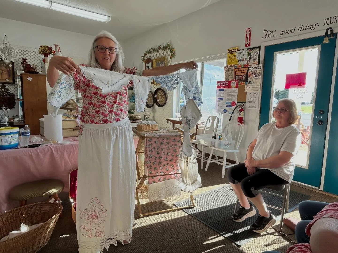 We walked away with loads of new ideas last night at Janis Mineart&rsquo;s Vintage Linen Restoration and Repurposing class! Thanks, Janis for sharing your knowledge and creativity with us! 💕💕💕