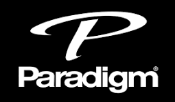 Logo blanc avec une grande lettre P stylisée et le mot 'Paradigm' en dessous, fond noir.