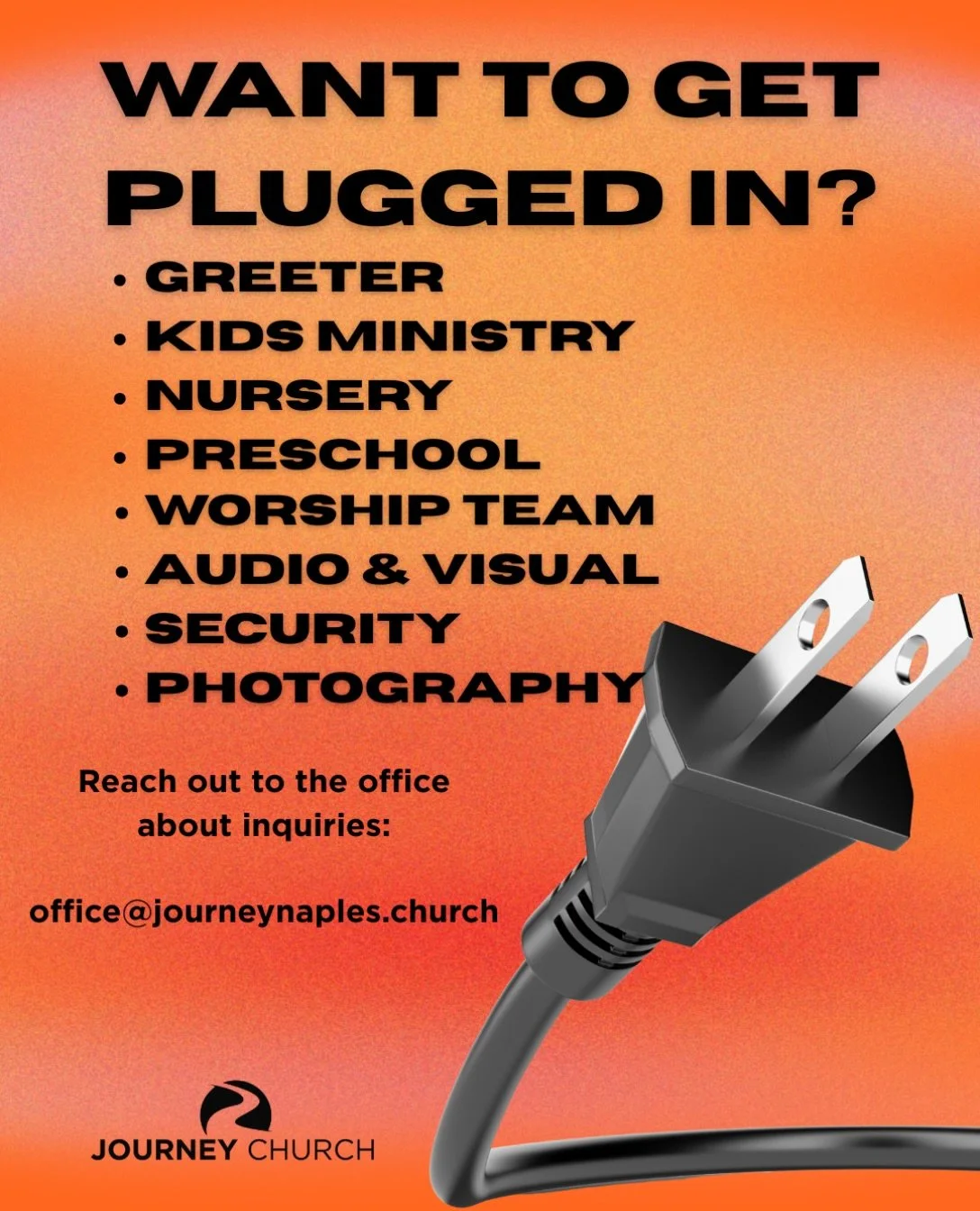 Want to Get Plugged In? 🙌

Here at Journey Church, there are so many opportunities to serve and get connected! From greeting and kids ministry to nursery, preschool, worship team, audio &amp; visual, security, photography, and more&mdash;we have a p