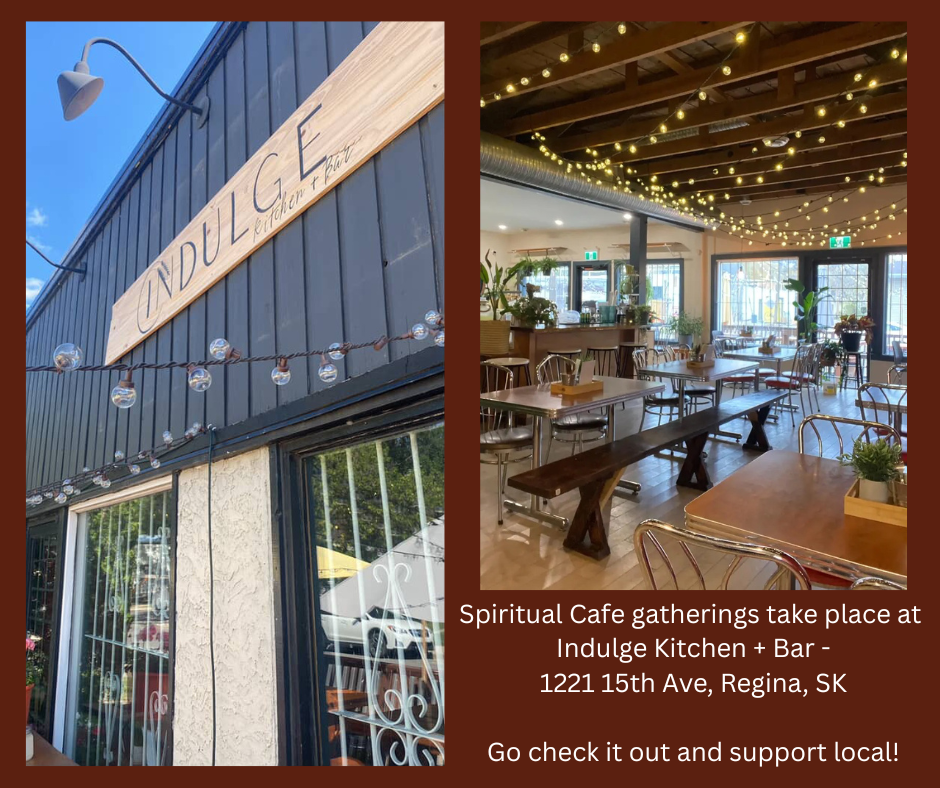 A collage of two photos of Indulge Kitchen + Bar, a cafe located at 1221 15th Ave, Regina, SK. The first photo shows the exterior with a wooden sign and string lights outside. The second photo shows the interior decorated with string lights on the ceiling, tables, chairs, and plants.