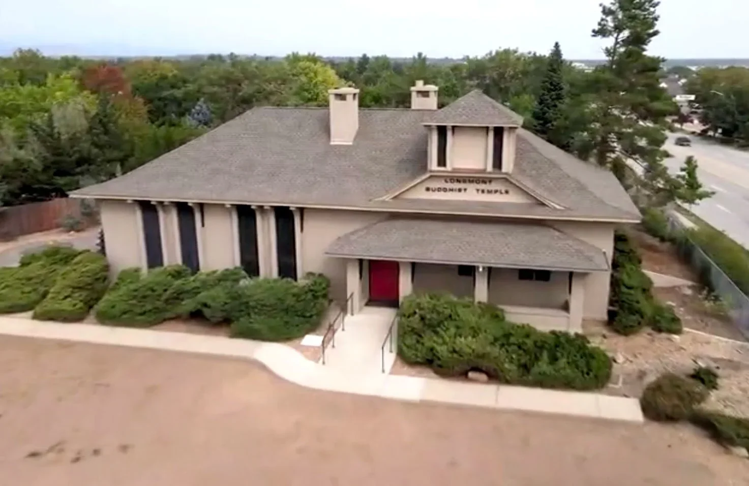 An aerial view of Longmont Buddhist Temple
