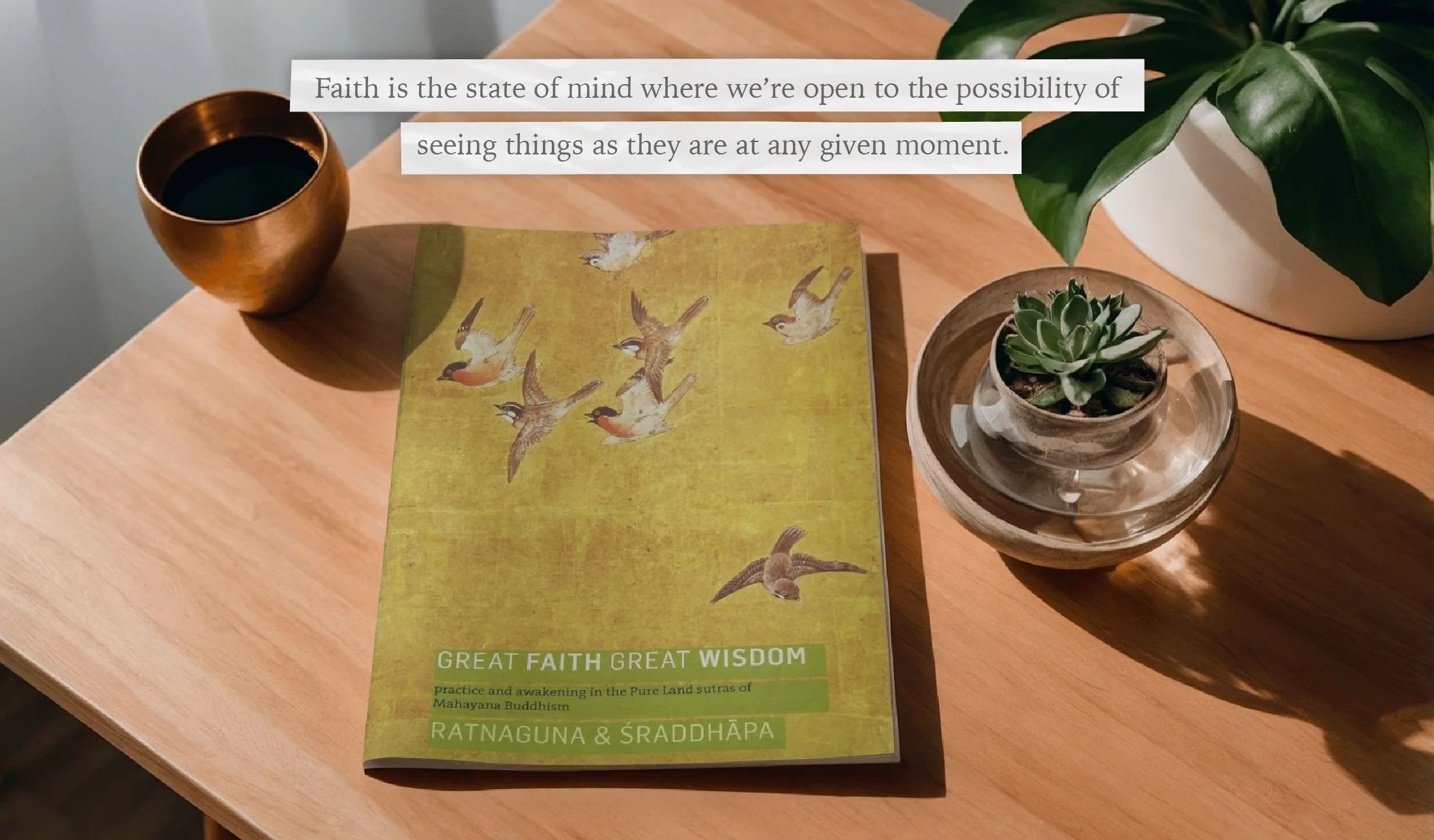 Great Faith Great Wisdom by Ratnaguna & Sraddhapa sits on a table.