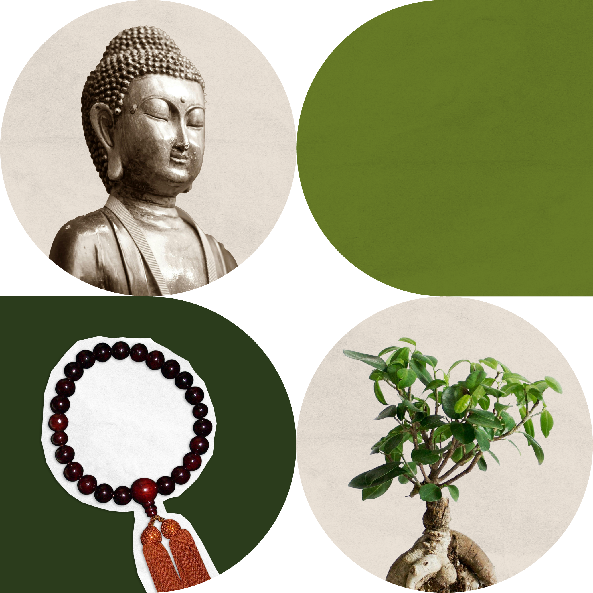A cut out of the Buddha, a bonsai tree, and nenju