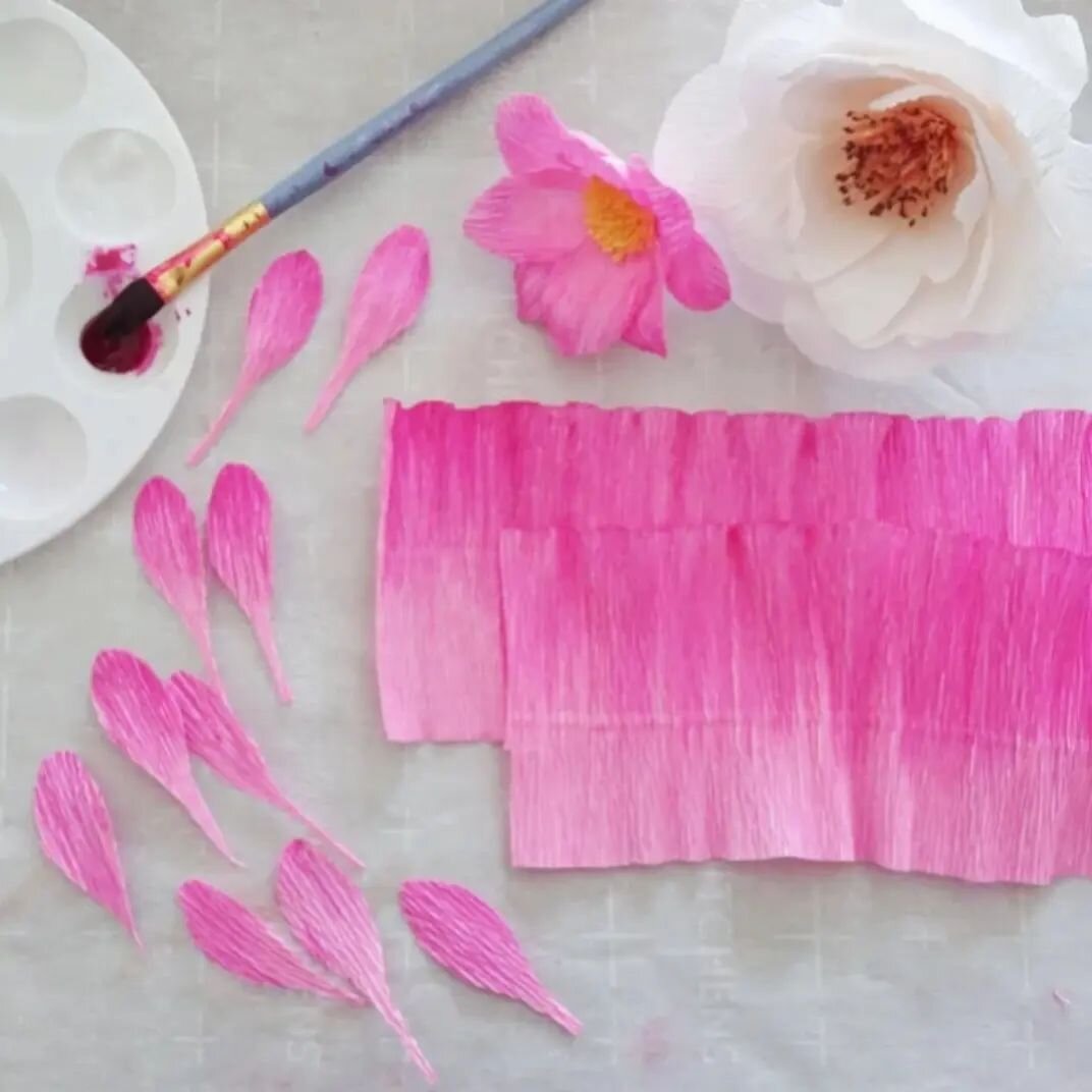 one project for me this weekend was dying paper for bright little single layer dahlias.💕 this is crepe paper from @cartefinicrepepaper in bubblegum with bombay ink coloring from @drphmartins in magenta. it's fun to see the beautiful ombre results.

