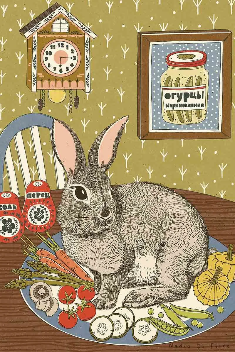 Environmental illustration of a live rabbit sitting in the middle of a dinner plate surrounded by vegetables. Illustrated by hand with a vintage touch by Nadia Di Fiore.