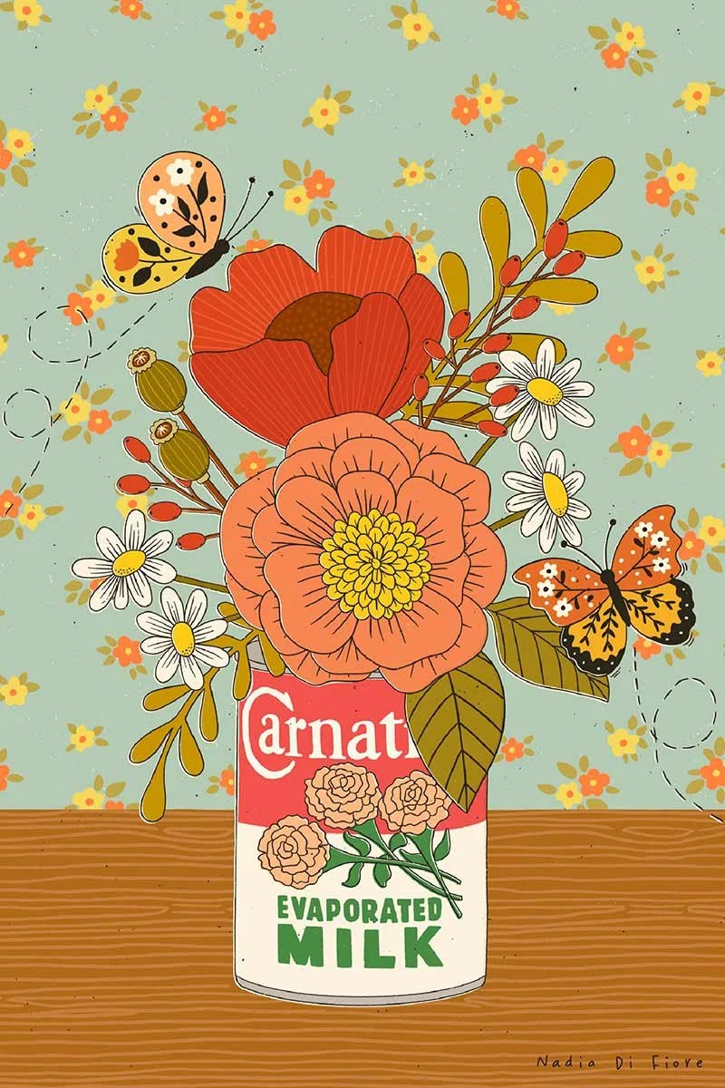 A contemporary folk illustration of wildflowers in a vintage milk tin. An exploration of domestic objects and botanical details by Montreal folklorist Nadia Di Fiore.