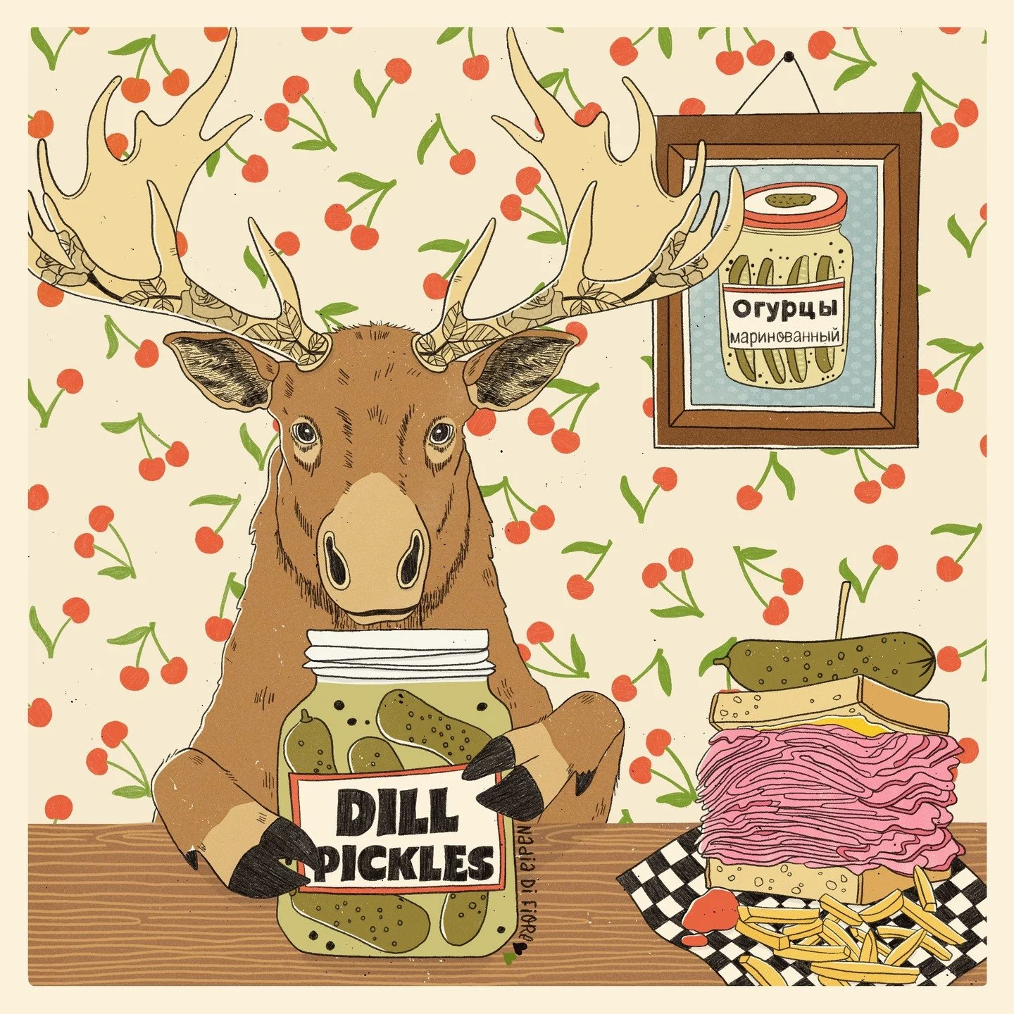 Just a moose, a jar of pickles, and a little snack from a Montr&eacute;al Deli. Yep, that moose is more obsessed with pickles than I am!

It&rsquo;s a new month, which means it&rsquo;s time for a new illustration for @theydrawandcook&rsquo;s monthly 