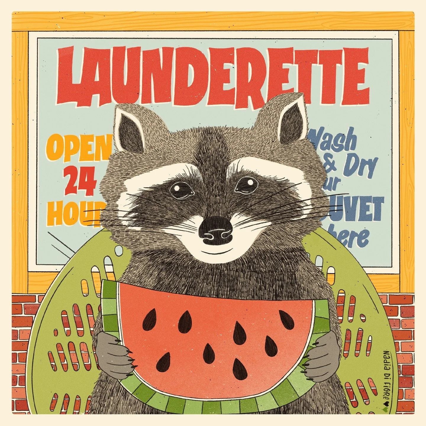 Fresh Melons &amp; Fresh Laundry

A raccoon, caught with a juicy slice of watermelon, lounges in front of a laundromat as if it owns the place. Just like me, he loves solar chairs!

It's a new month, which means a new illustration for @theydrawandcoo