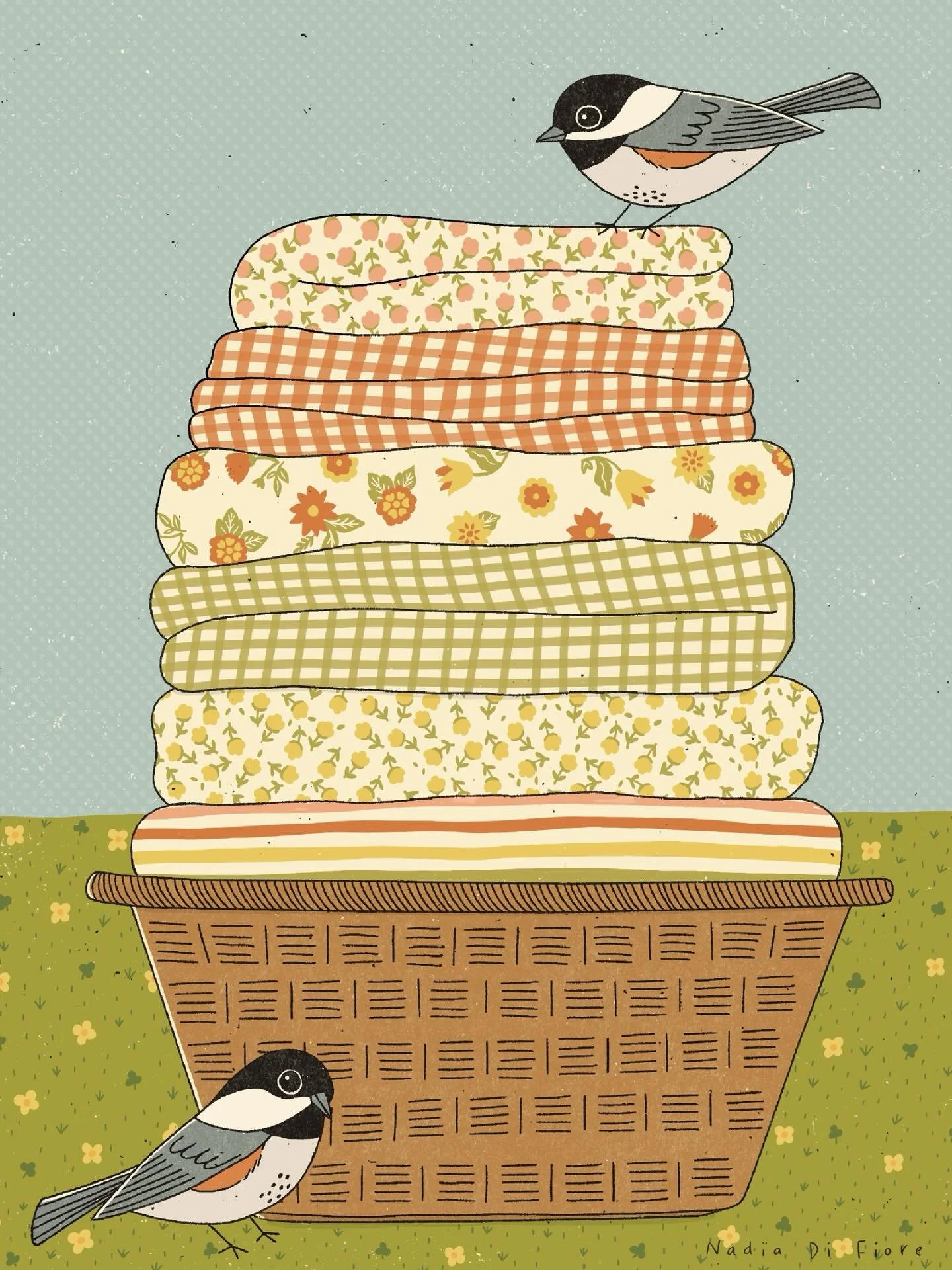 Des m&eacute;sanges &agrave; t&ecirc;te noire et une pile de motifs. Un m&eacute;lange de vichy et de fleurs qui me rappelle la penderie de ma grand-m&egrave;re.
&bull;
Black-capped chickadees and a stack of patterns. A mix of gingham and florals t