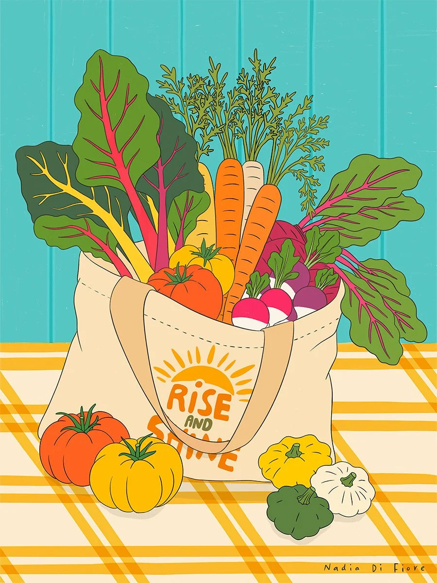 Colorful illustrated farmers market tote filled with carrots, leafy greens, tomatoes, radishes, and beets, surrounded by squash on a yellow checkered tablecloth.