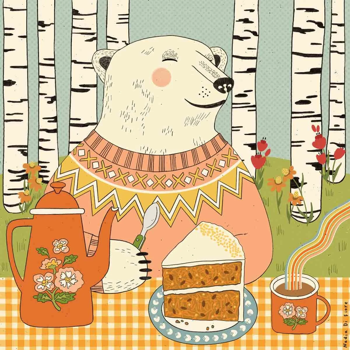 Contemporary folk illustration of a polar bear eating a carrot cake and having a cup of tea in a birch forest. A food illustration by Nadia Di Fiore.