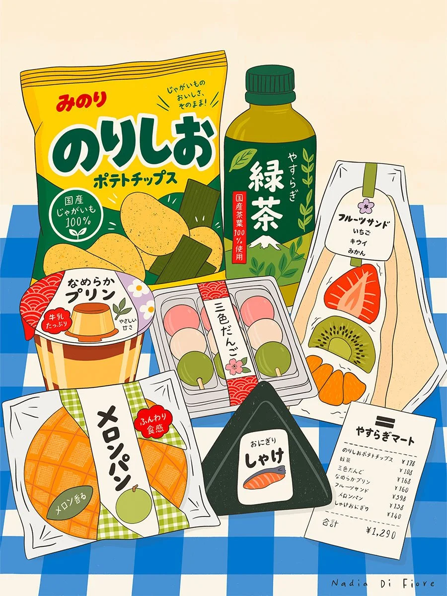 Illustration of Japanese konbini snacks including a bag of seaweed-and-salt potato chips, bottled green tea, fruit sando, melon pan, pudding, three-colour dango and a salmon onigiri, with a receipt on a blue-and-white checkered tablecloth.