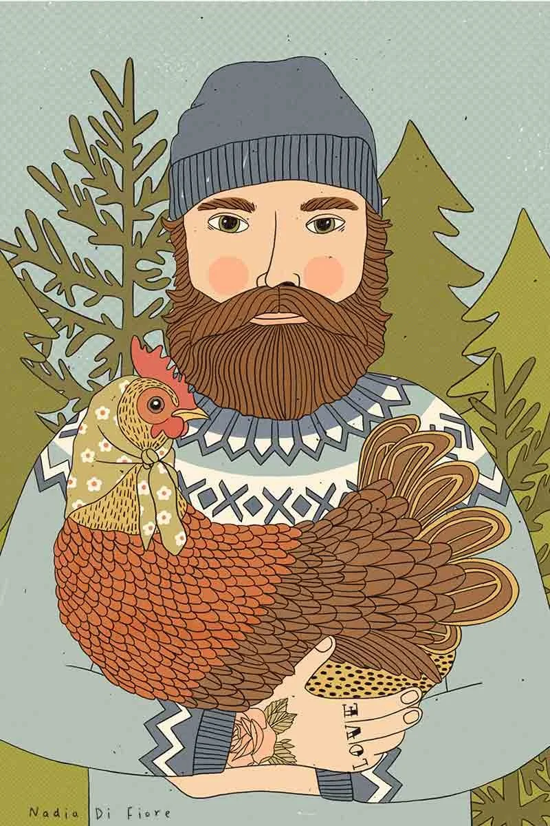 Contemporary folk illustration of a bearded man in a Nordic sweater holding a rescue hen wearing a babushka-style scarf. Fir trees and a muted sky in the background. A nature illustration by Nadia Di Fiore.