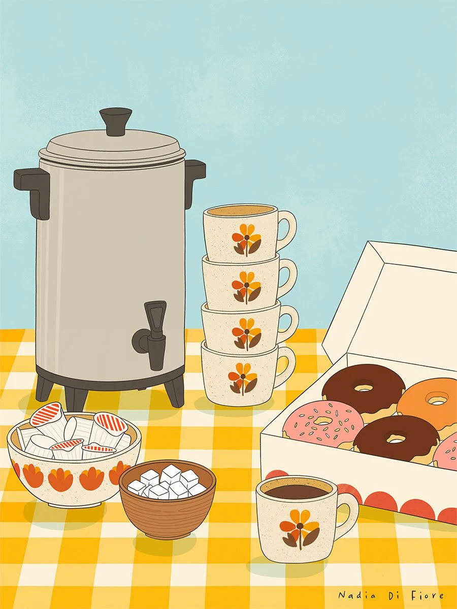Illustration of a large coffee percolator, stacked floral mugs, a cup of coffee, individual creamers, sugar cubes and an open box of assorted doughnuts on a yellow-and-white checkered tablecloth against a pale blue background.
