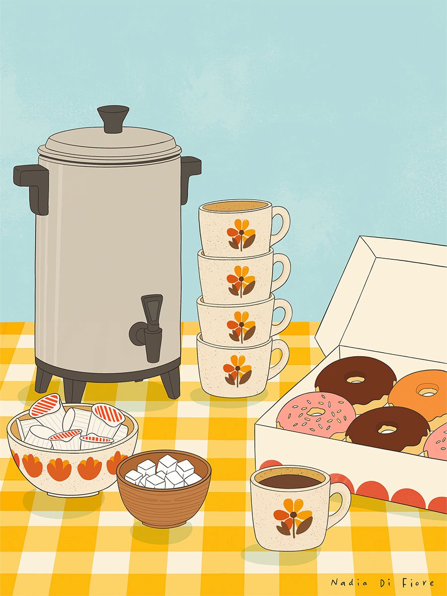 Illustration of a large coffee percolator, stacked floral mugs, a cup of coffee, individual creamers, sugar cubes and an open box of assorted doughnuts on a yellow-and-white checkered tablecloth against a pale blue background.