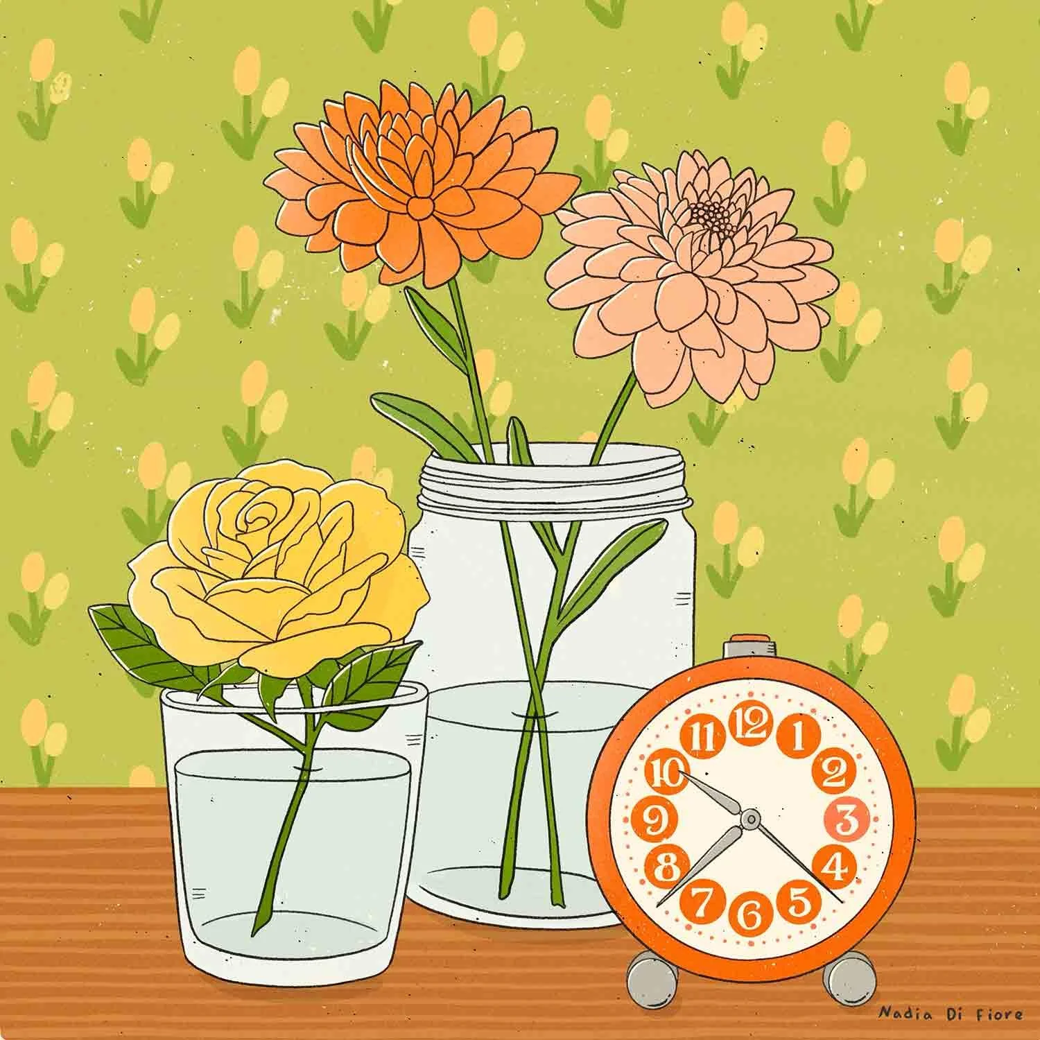 Contemporary folk illustration of dahlias, a rose and a vintage clock. A botanical illustration by Nadia Di Fiore.
