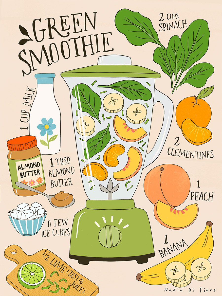 Illustrated green smoothie recipe featuring a retro green blender filled with spinach and sliced fruit, surrounded by clementines, peach, banana, lime, almond butter, milk and ice cubes, with hand-lettered ingredient quantities.