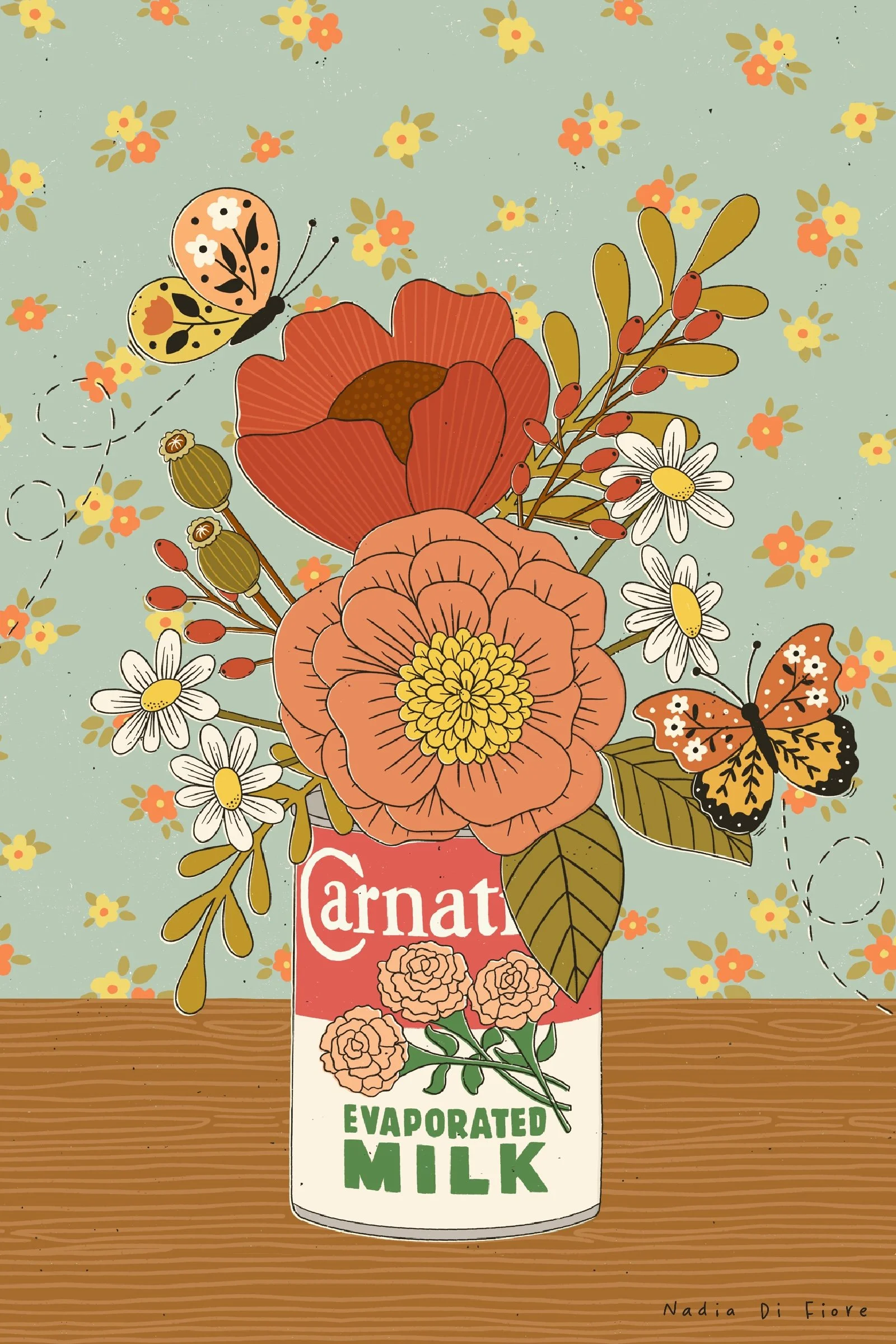 A detailed illustration of a bouquet of orange poppies and daisies in a red and white vintage evaporated milk tin. Two butterflies fly nearby on a light blue background with small yellow flowers. Retro colours.