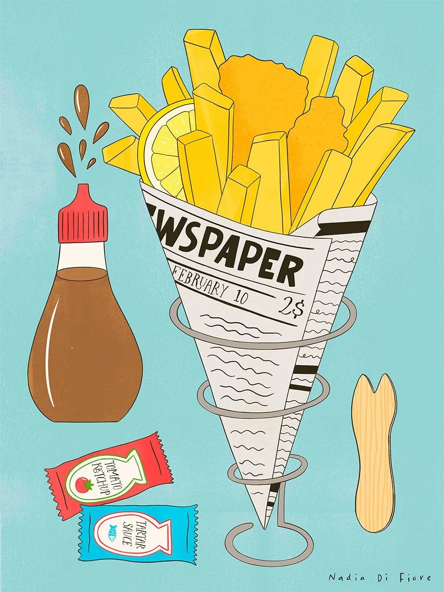 Illustration of battered fish, thick-cut fries, and a lemon slice in a newspaper cone, held in a spiral metal stand, with a vinegar bottle, ketchup, tartar sauce packets, and a wooden fork, set against a light blue background.