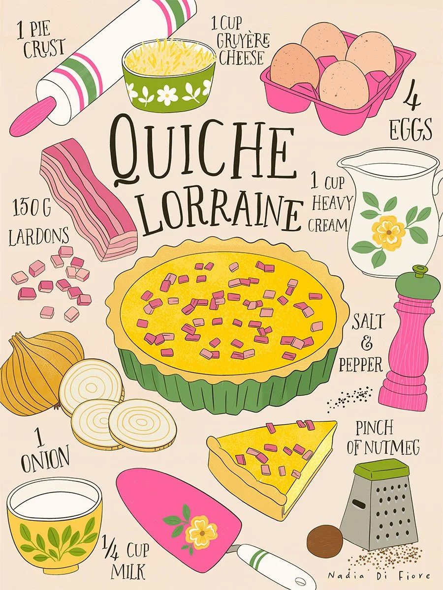 Illustrated quiche Lorraine recipe showing a whole quiche in a green tart pan and a slice, surrounded by labelled ingredients including pie crust, Gruyère cheese, eggs, lardons, cream, onion, milk and nutmeg.