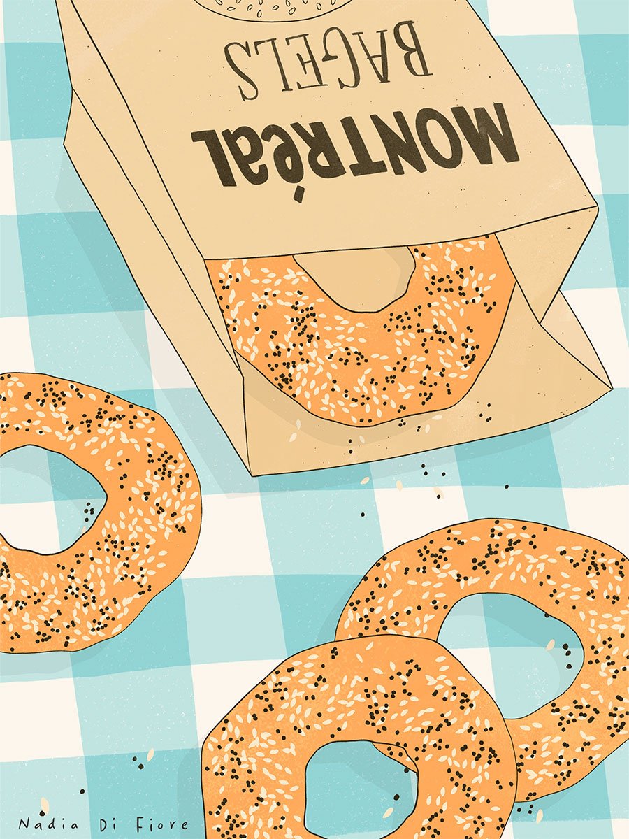 Illustration of Montréal bagels covered in sesame and poppy seeds on a blue-and-white checkered tablecloth, with one bagel inside a brown paper bag labelled “Montréal Bagels.”