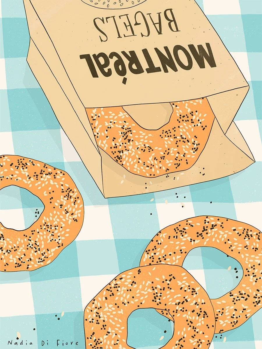 Illustration of Montréal bagels covered in sesame and poppy seeds on a blue-and-white checkered tablecloth, with one bagel inside a brown paper bag labelled “Montréal Bagels.”
