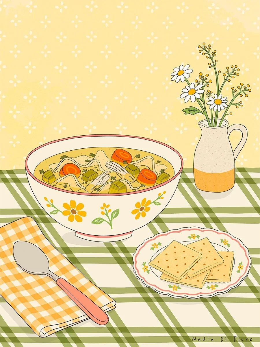 Illustration of a cozy table setting with a bowl of noodle soup, crackers, a spoon, and a flower-filled pitcher on a green checkered tablecloth.
